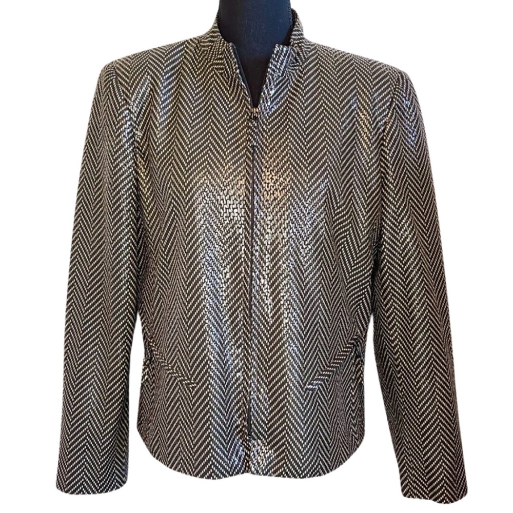 Harve Benard Black & Tan Chevron Dot Print Faux Leather Blazer Jacket Size 10